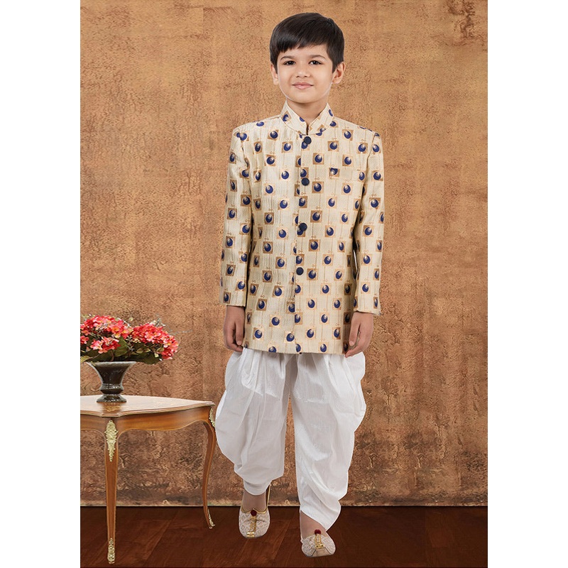 2 Pc Cream Dupion Silk Kurta Dhoti Set - JD986582336
