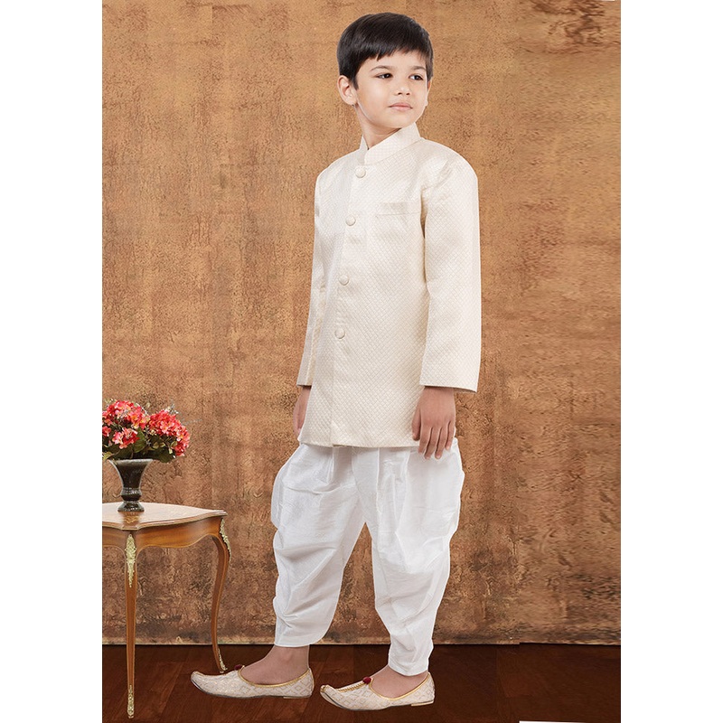 2 Pc Cream Jacquard Silk Kurta Dhoti Set - JD986582337