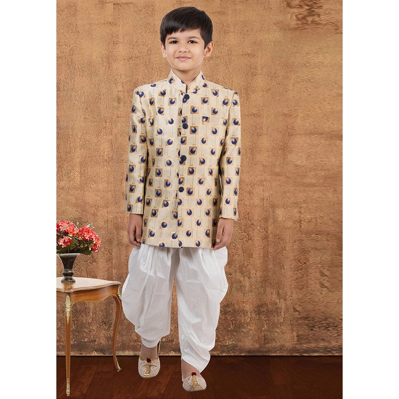 2 Pc Cream Jacquard Silk Kurta Dhoti Set - JD986582338