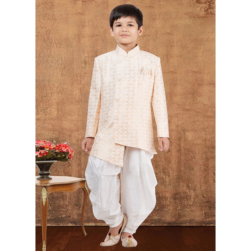 2 Pc Cream Jacquard Silk Kurta Dhoti Set - JD986582339