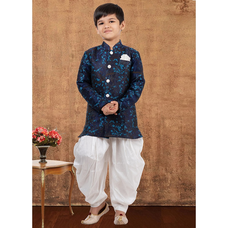 2 Pc Dark Blue Jacquard Silk Kurta Dhoti Set - JD986582340