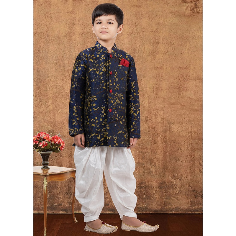 2 Pc Dark Blue Jacquard Silk Kurta Dhoti Set - JD986582341