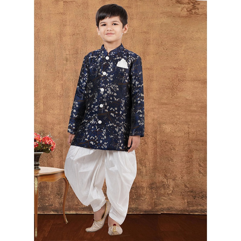 2 Pc Dark Blue Jacquard Silk Kurta Dhoti Set - JD986582342