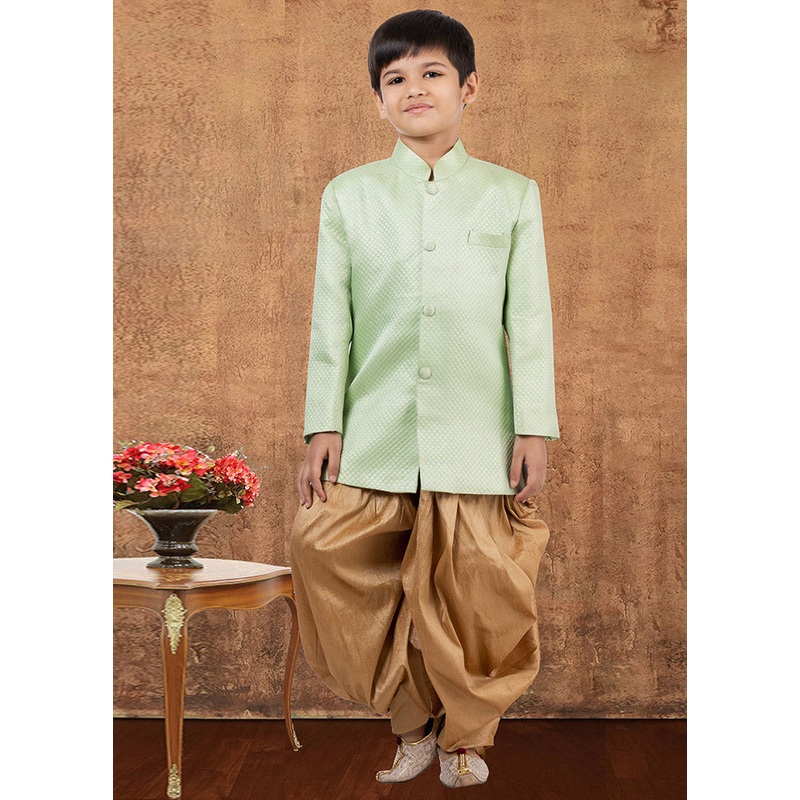 2 Pc Green Jacquard Silk Kurta Dhoti Set - JD986582343