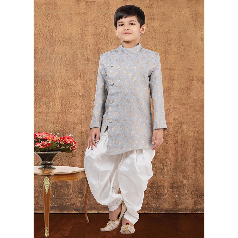 2 Pc Grey Dupion Silk Kurta Dhoti Set - JD986582344