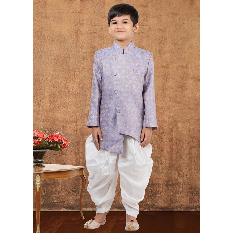 2 Pc Light Purple Dupion Silk Kurta Dhoti Set - JD986582345
