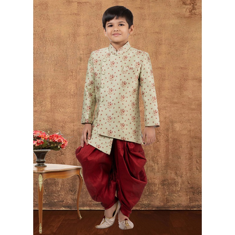 2 Pc Lime Green Dupion Silk Kurta Dhoti Set - JD986582346