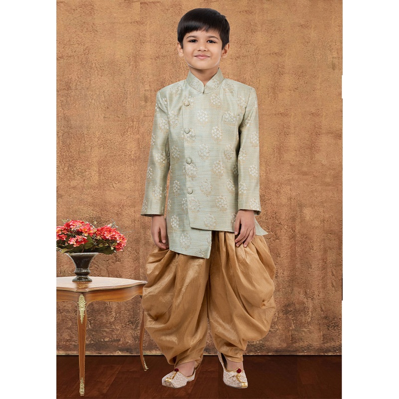 2 Pc Lime Green Dupion Silk Kurta Dhoti Set - JD986582347