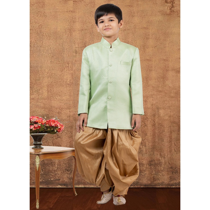 2 Pc Lime Green Dupion Silk Kurta Dhoti Set - JD986582348