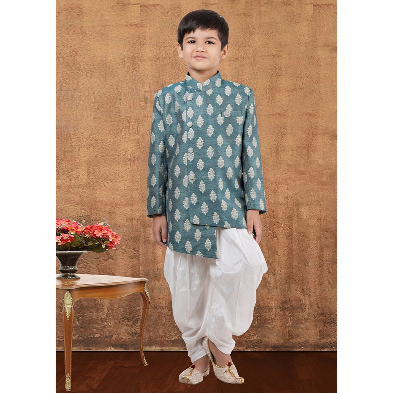 2 Pc Mint Green Dupion Silk Kurta Dhoti Set - JD986582349
