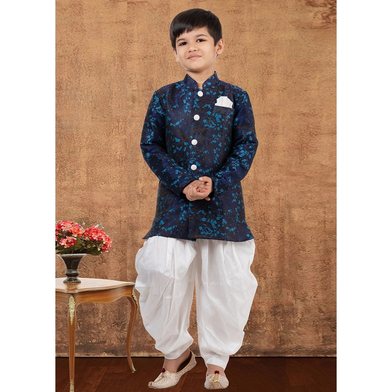 2 Pc Navy Blue Dupion Silk Kurta Dhoti Set - JD986582350