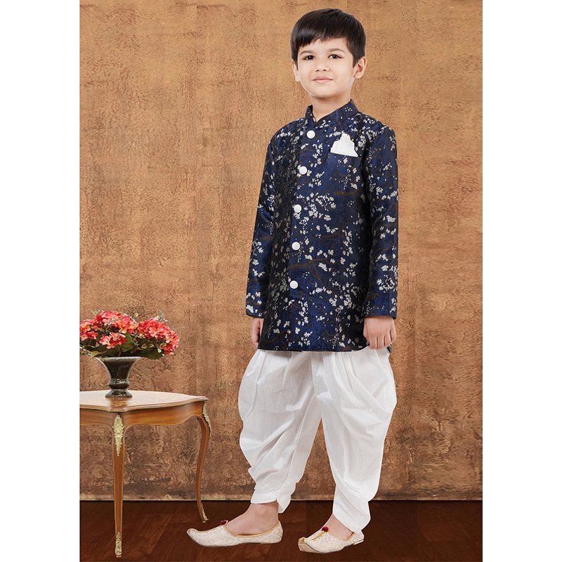 2 Pc Navy Blue Dupion Silk Kurta Dhoti Set - JD986582351