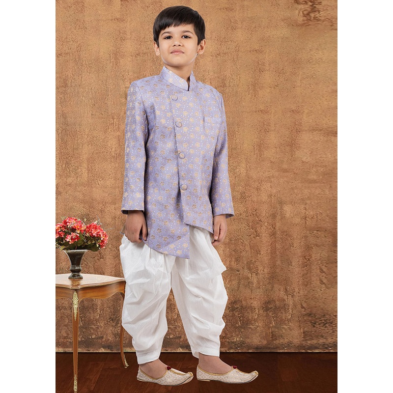 2 Pc Purple Jacquard Silk Kurta Dhoti Set - JD986582352