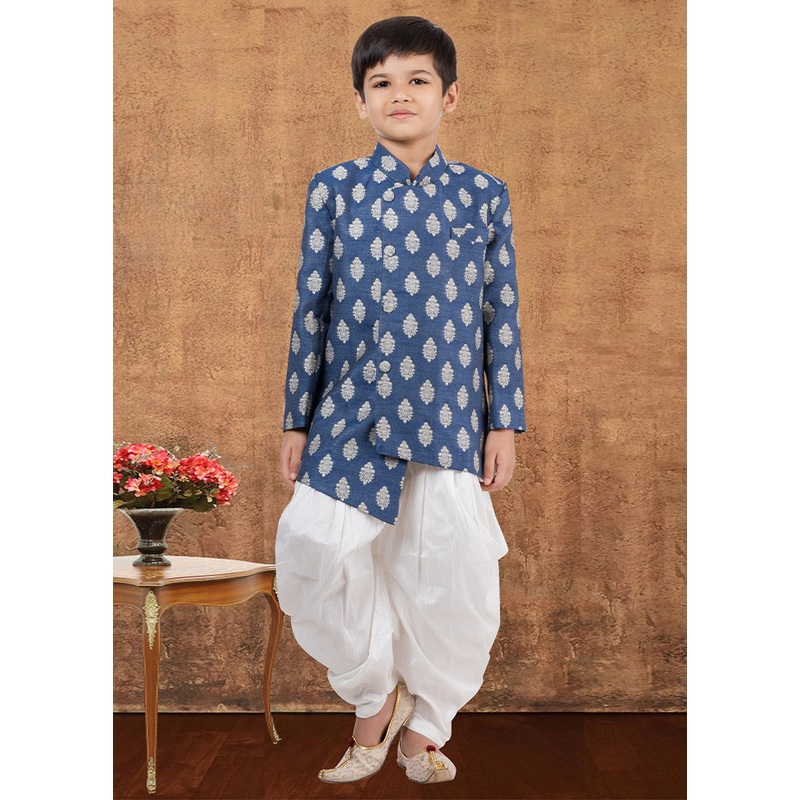 2 Pc Royal Blue Dupion Silk Kurta Dhoti Set - JD986582353