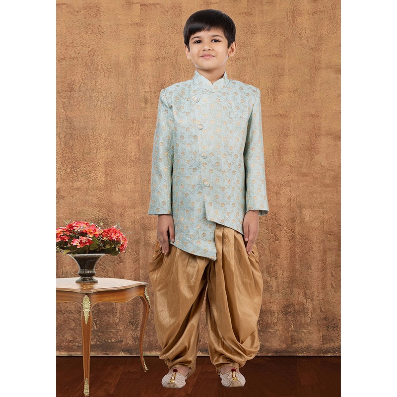 2 Pc Sea Blue Dupion Silk Kurta Dhoti Set - JD986582354