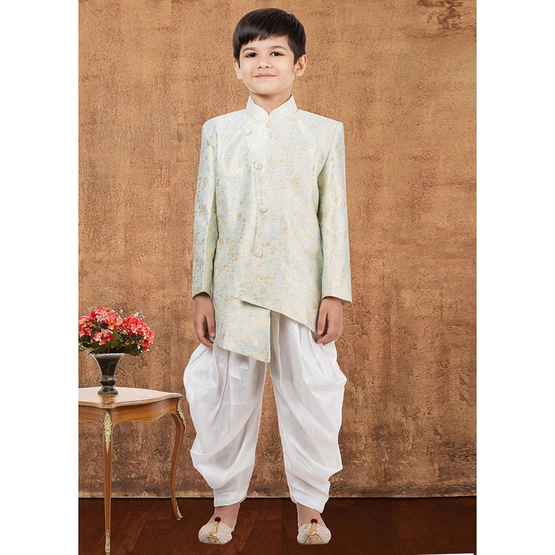 2 Pc Sea Green Jacquard Silk Kurta Dhoti Set - JD986582355