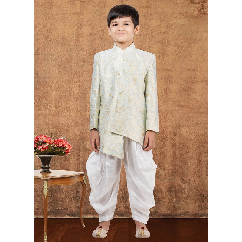 2 Pc Sky Blue Dupion Silk Kurta Dhoti Set - JD986582356