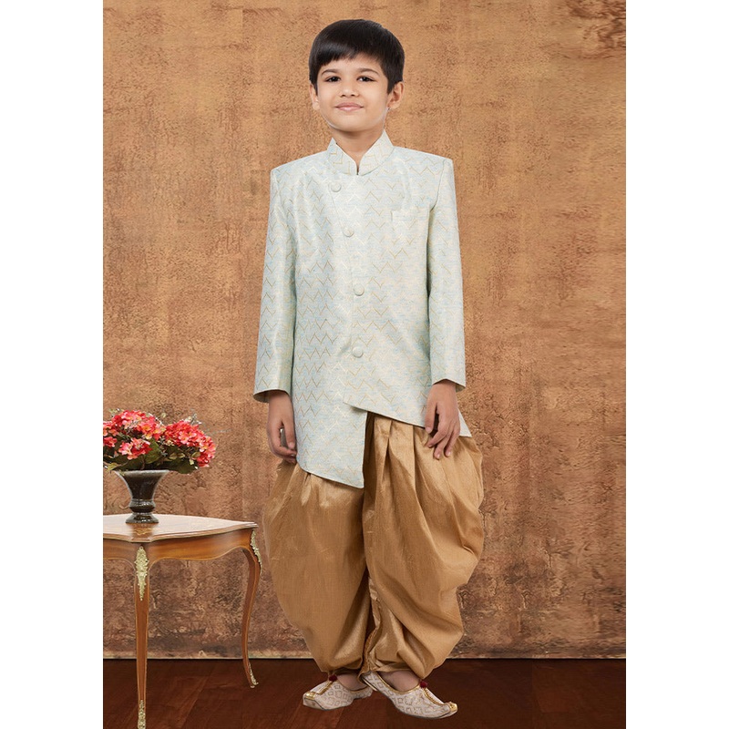 2 Pc Sky Blue Dupion Silk Kurta Dhoti Set - JD986582358