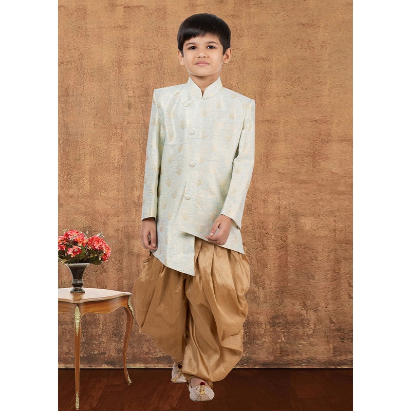 2 Pc Sky Blue Dupion Silk Kurta Dhoti Set - JD986582359