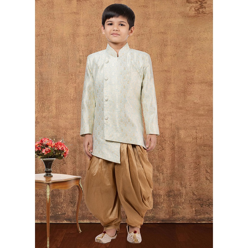 2 Pc Sky Blue Jacquard Silk Kurta Dhoti Set - JD986582360
