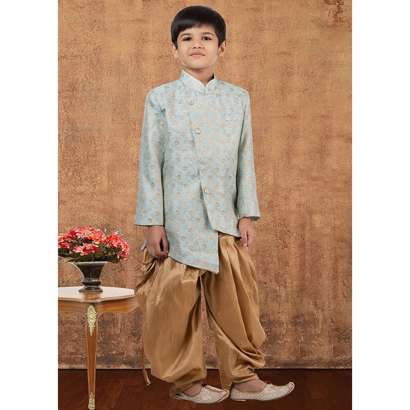 2 Pc Sky Blue Jacquard Silk Kurta Dhoti Set - JD986582361