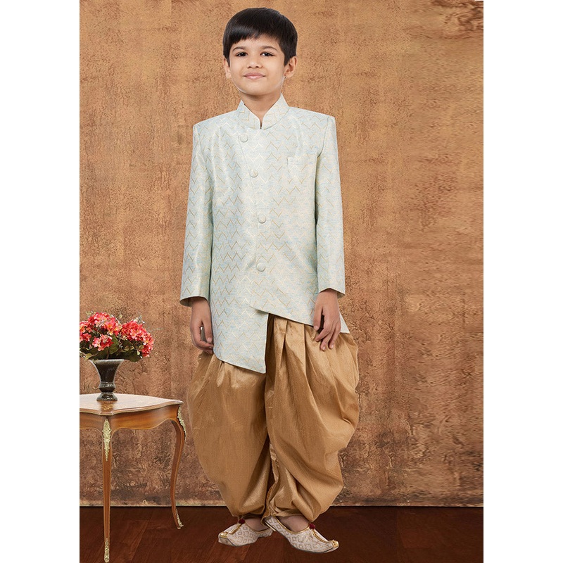 2 Pc Sky Blue Jacquard Silk Kurta Dhoti Set - JD986582362