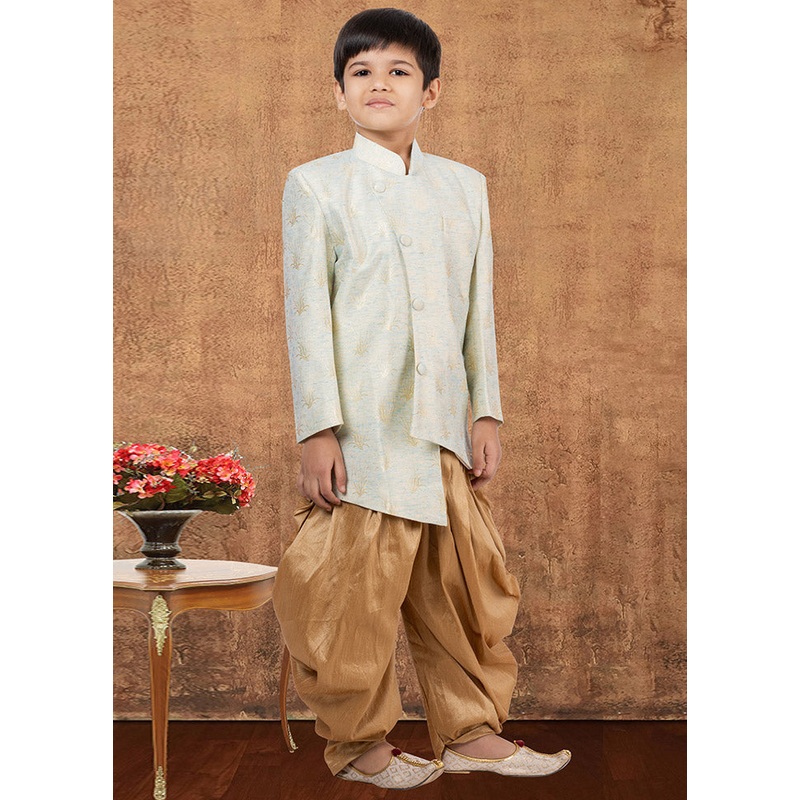 2 Pc Sky Blue Jacquard Silk Kurta Dhoti Set - JD986582363