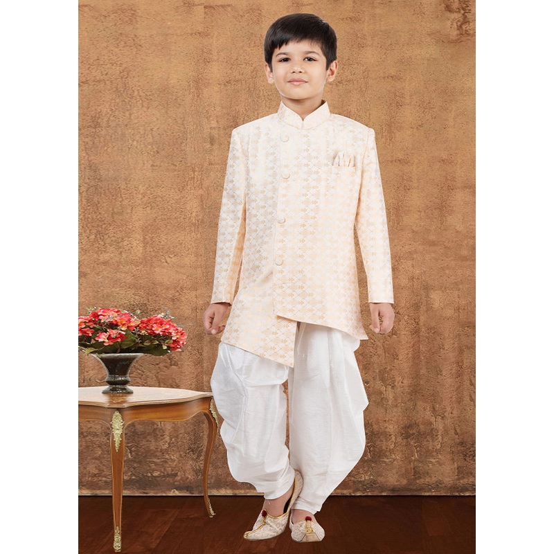 2 Pc White Dupion Silk Kurta Dhoti Set - JD986582364