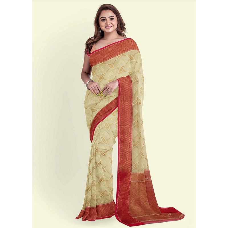 Beige Cotton Saree With Blouse Piece - JD986582172