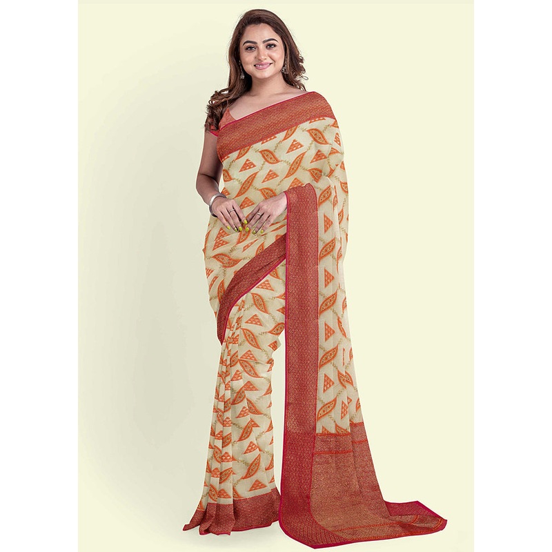 Beige Cotton Saree With Blouse Piece - JD986582173