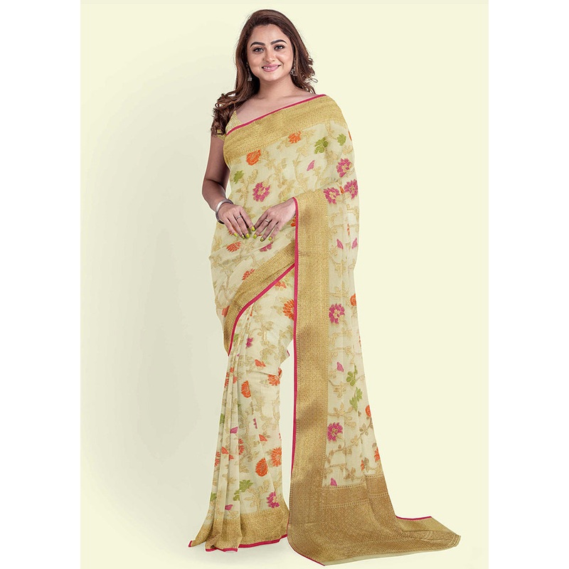 Beige Cotton Saree With Blouse Piece - JD986582174