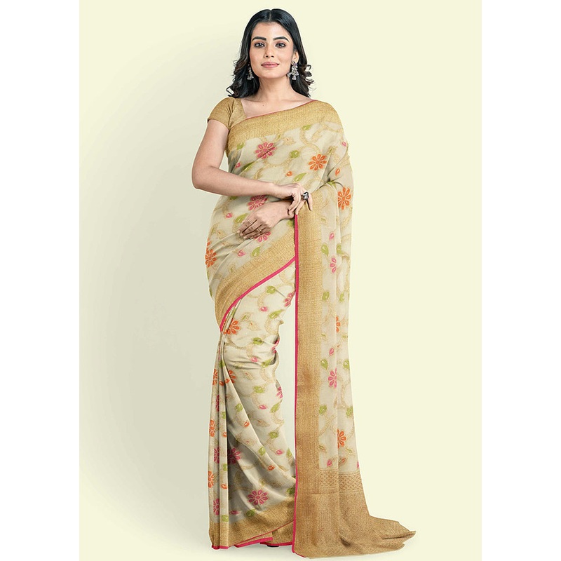 Beige Cotton Saree With Blouse Piece - JD986582176