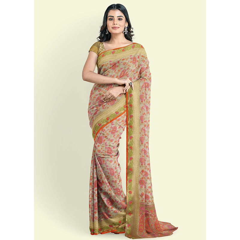 Beige Cotton Saree With Blouse Piece - JD986582177