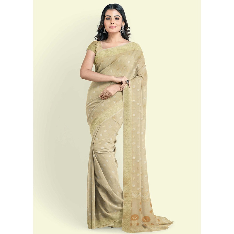 Beige Cotton Saree With Blouse Piece - JD986582180
