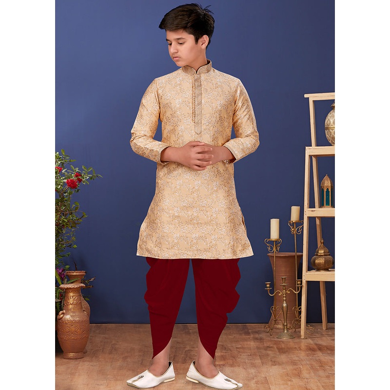 Beige Jacquard Silk Kurta Pajama Set - JD986582365