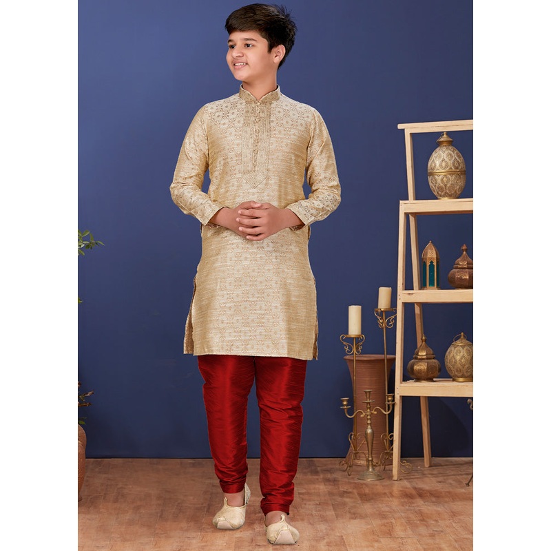 Beige Jacquard Silk Kurta Pajama Set - JD986582366