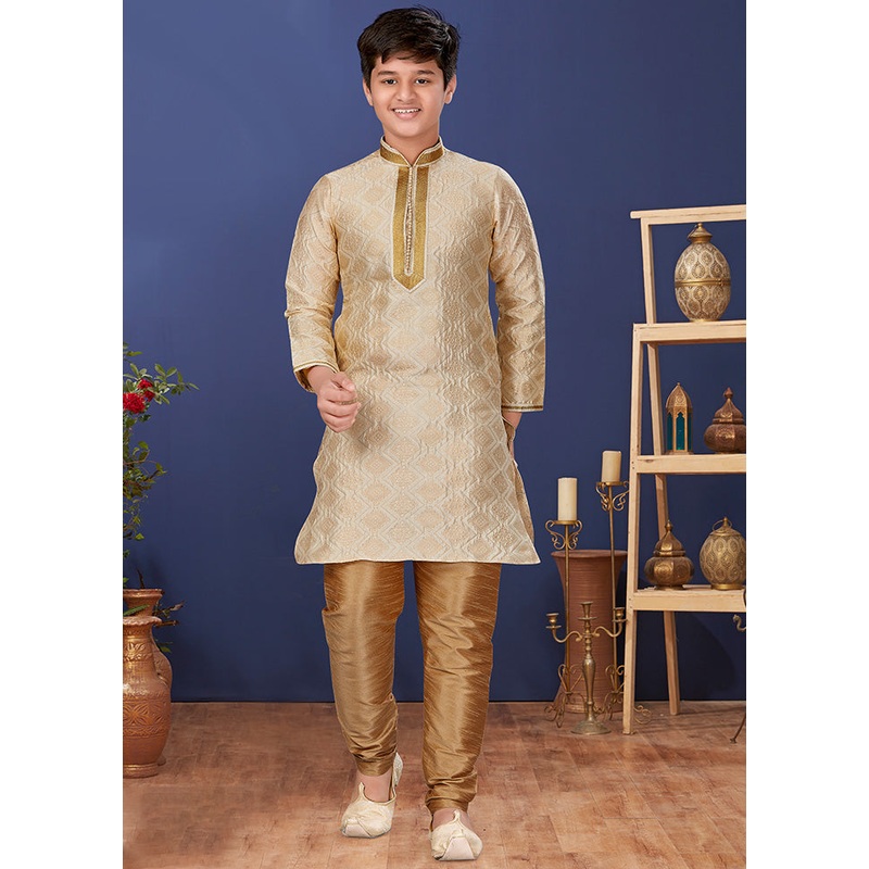 Beige Jacquard Silk Kurta Pajama Set - JD986582367