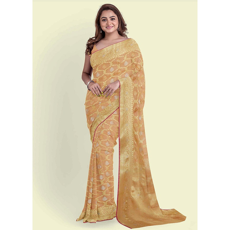 Beige Silk Zari Saree Without Blouse Piece - JD986582169