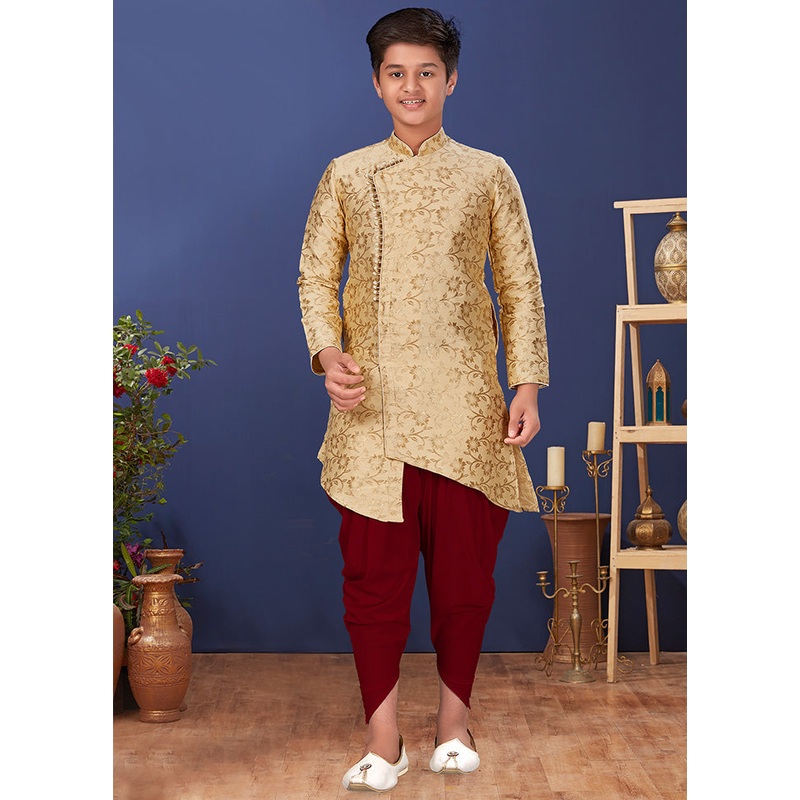 Beige Zari Woven Kurta Pajama Set - JD986582368