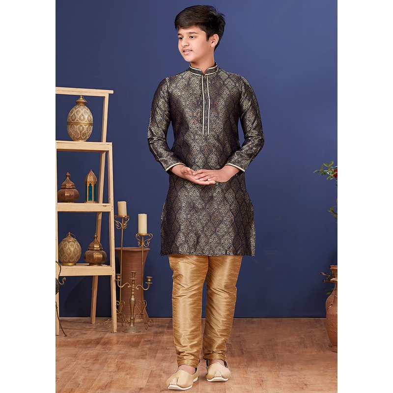 Black Jacquard Silk Kurta Pajama Set - JD986582264