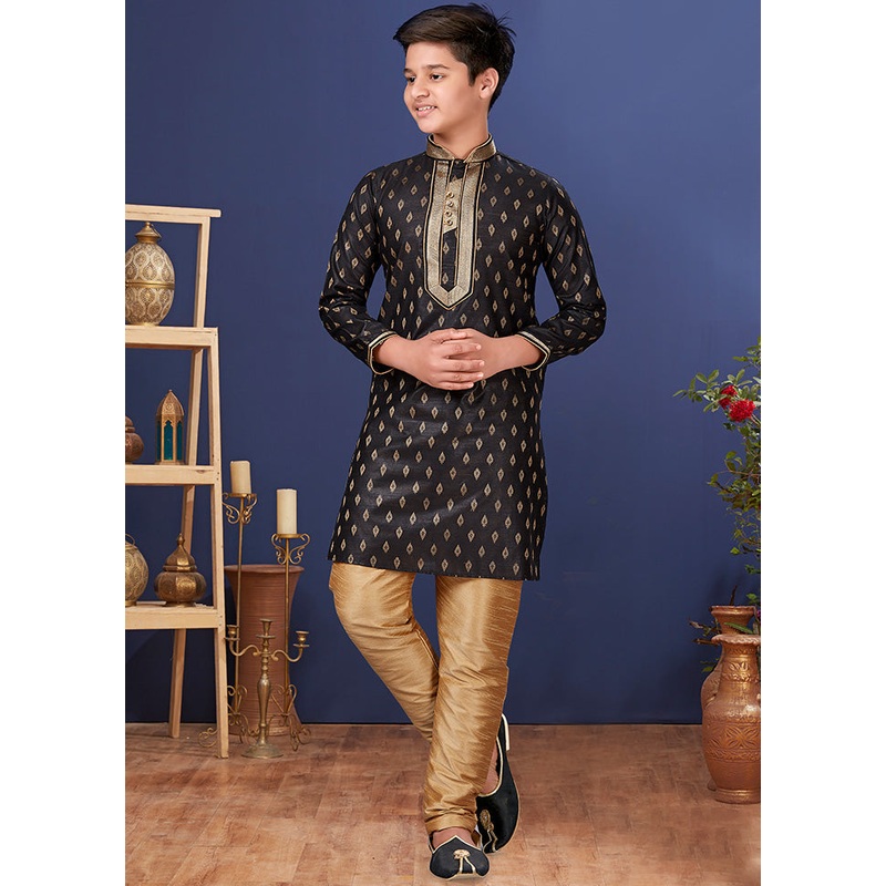 Black Jacquard Silk Kurta Pajama Set - JD986582265