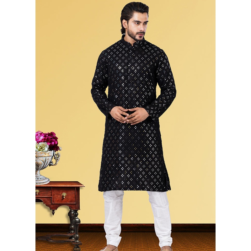 Black Jacquard Woven Silk Kurta Pajama Set - JD986582370