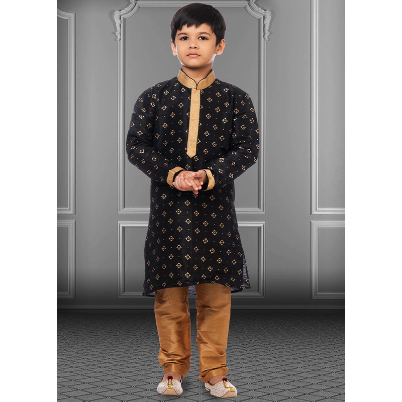 Black Silk Kurta Pajama Set For Boys - JD986582267