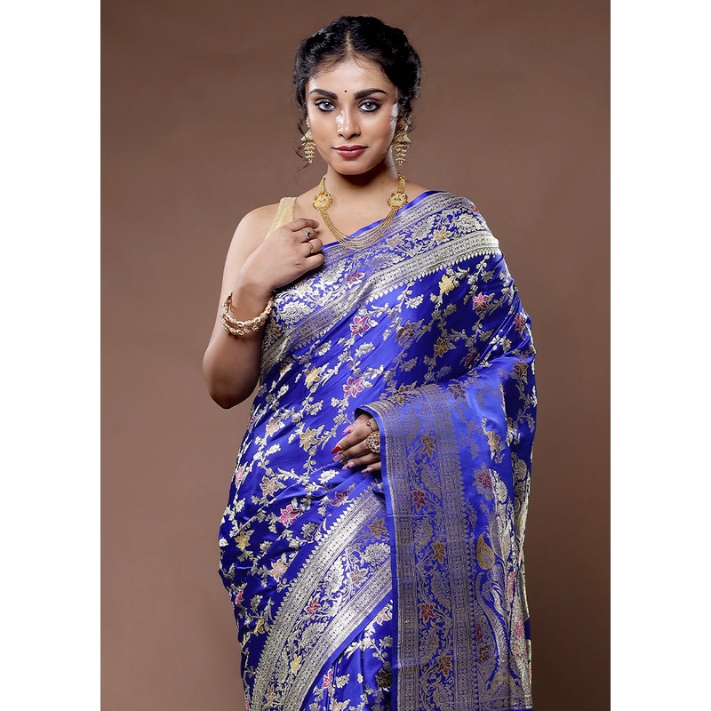 Blue Banarasi Pure Silk Saree With Blouse Piece - JD986582246