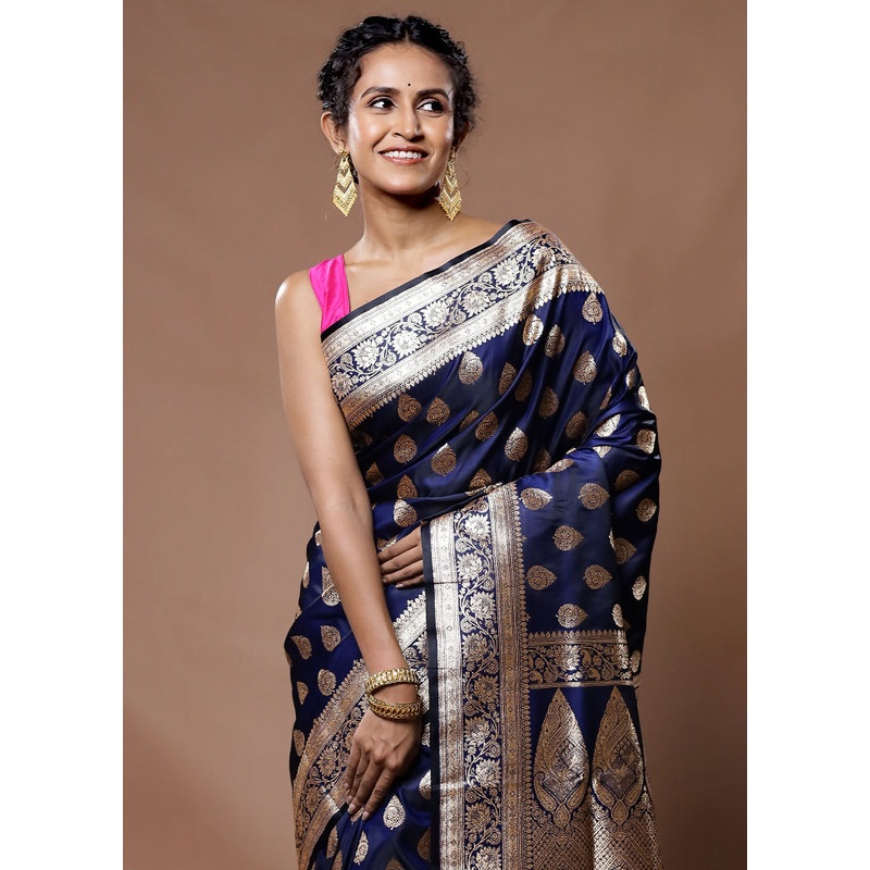 Blue Banarasi Silk Saree With Blouse Piece - JD986582255