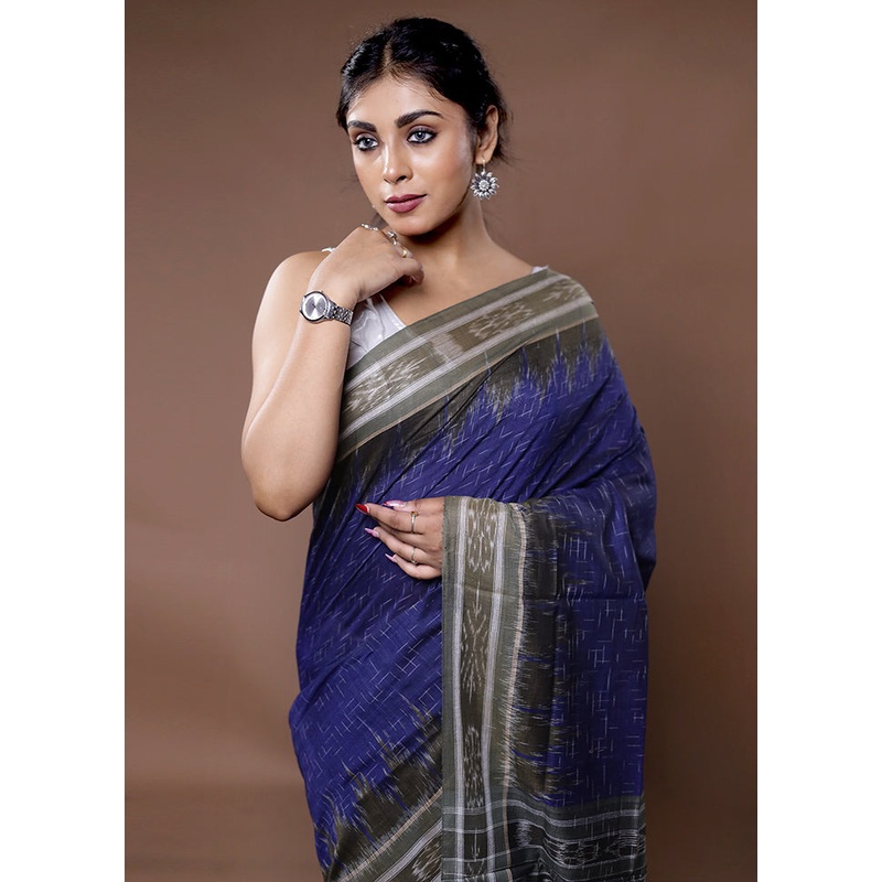 Blue Cotton Saree With Blouse Piece - JD986582245