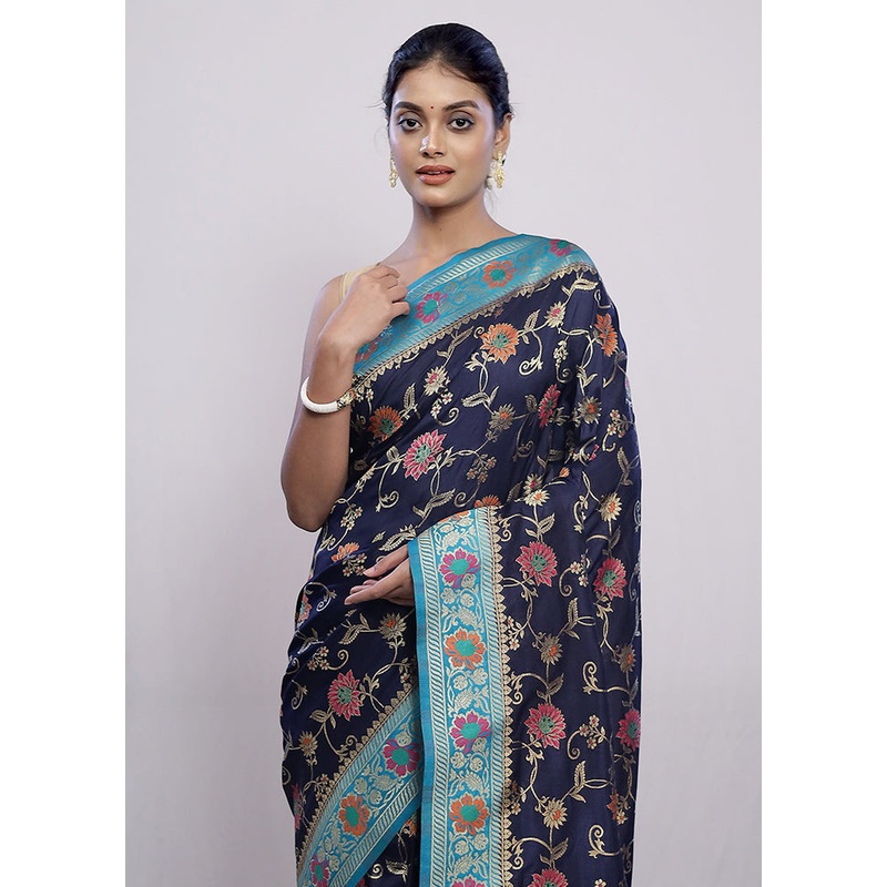 Blue Dupion Silk Saree With Blouse Piece - JD986582229