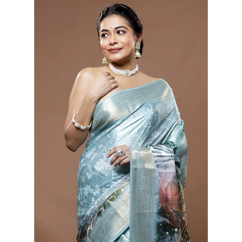 Blue Dupion Silk Saree With Blouse Piece - JD986582262