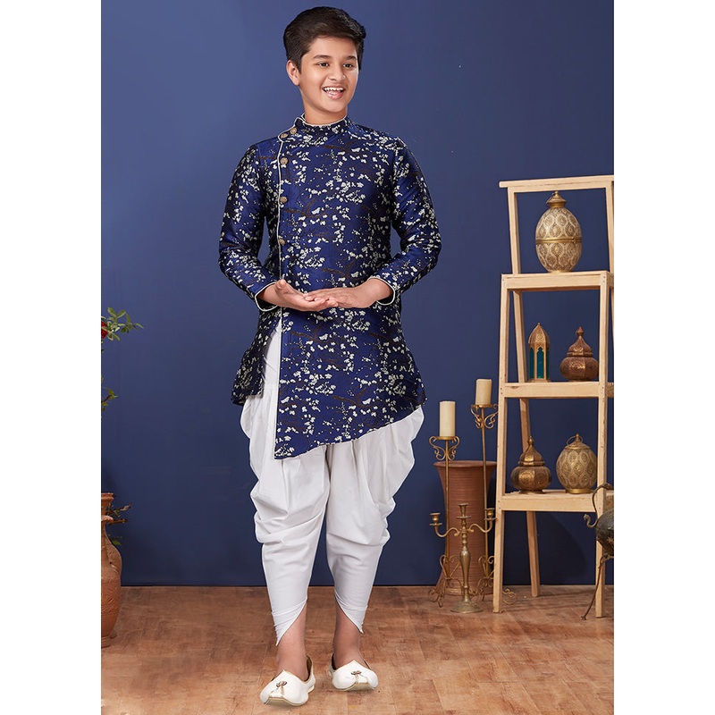Blue Jacquard Silk Kurta Pajama Set - JD986582269