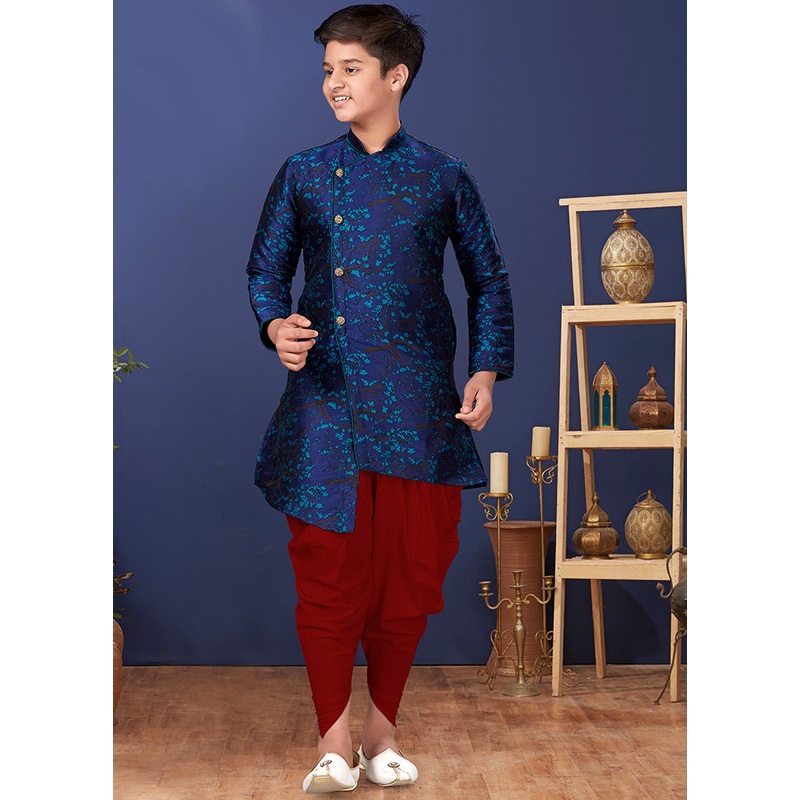 Blue Jacquard Silk Kurta Pajama Set - JD986582270